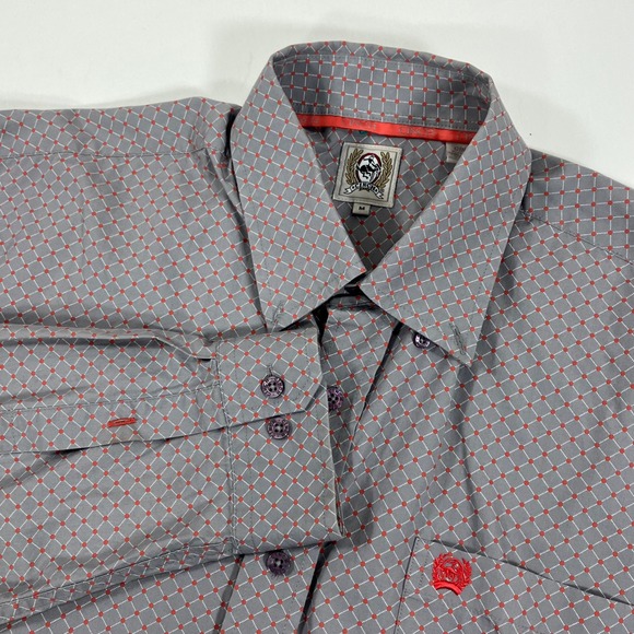 Cinch Mens Button Down Shirt Gray Red Geometric Long Sleeve Western Medium - Picture 1 of 10